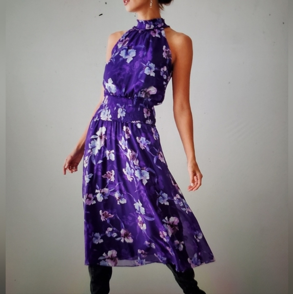 White House Black Market Sleeveless Iris Print Midi Dress Size 8